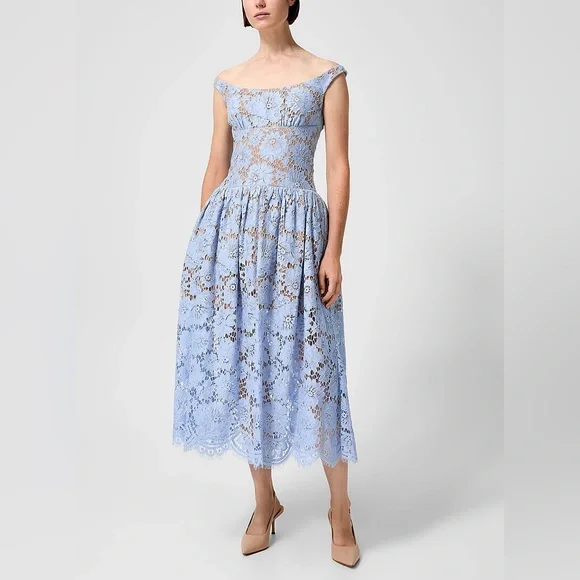 NWT- Self-Portrait Blue Midi Dress in Floral Lace - Picture 14 of 17